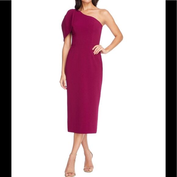 Dress the Population Tiffany One Shoulder Midi Dress, Dark Magenta, Small, NWT‎ - Picture 6 of 9